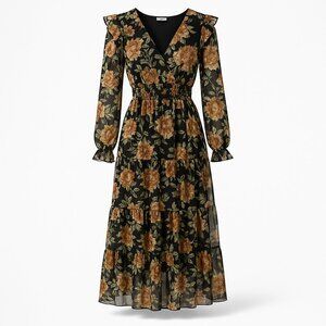 ASTR The Label Floral Chiffon Tiered Maxi Dress Long Sleeve Smocked Waist | S